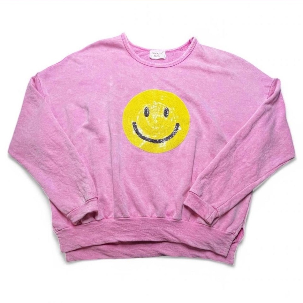 Fantastic Fawn Pink Smiley Face Sweatshirt, S oversized